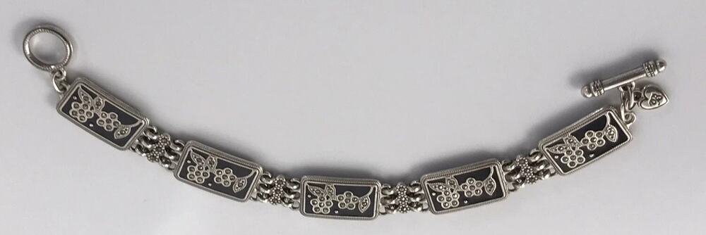 BRIGHTON Retired GLORIA Flower Black Enamel Silver Crystal Toggle Bracelet